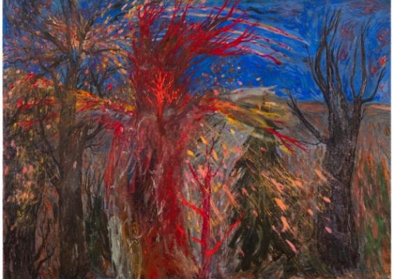 Meteoriitti / Meteorit / Meteorite, 2023-24, tempera ja öljy kankaalle / tempera och olja på duk / tempera and oil on canvas, 51 x 70 cm, Åbo konstmuseum